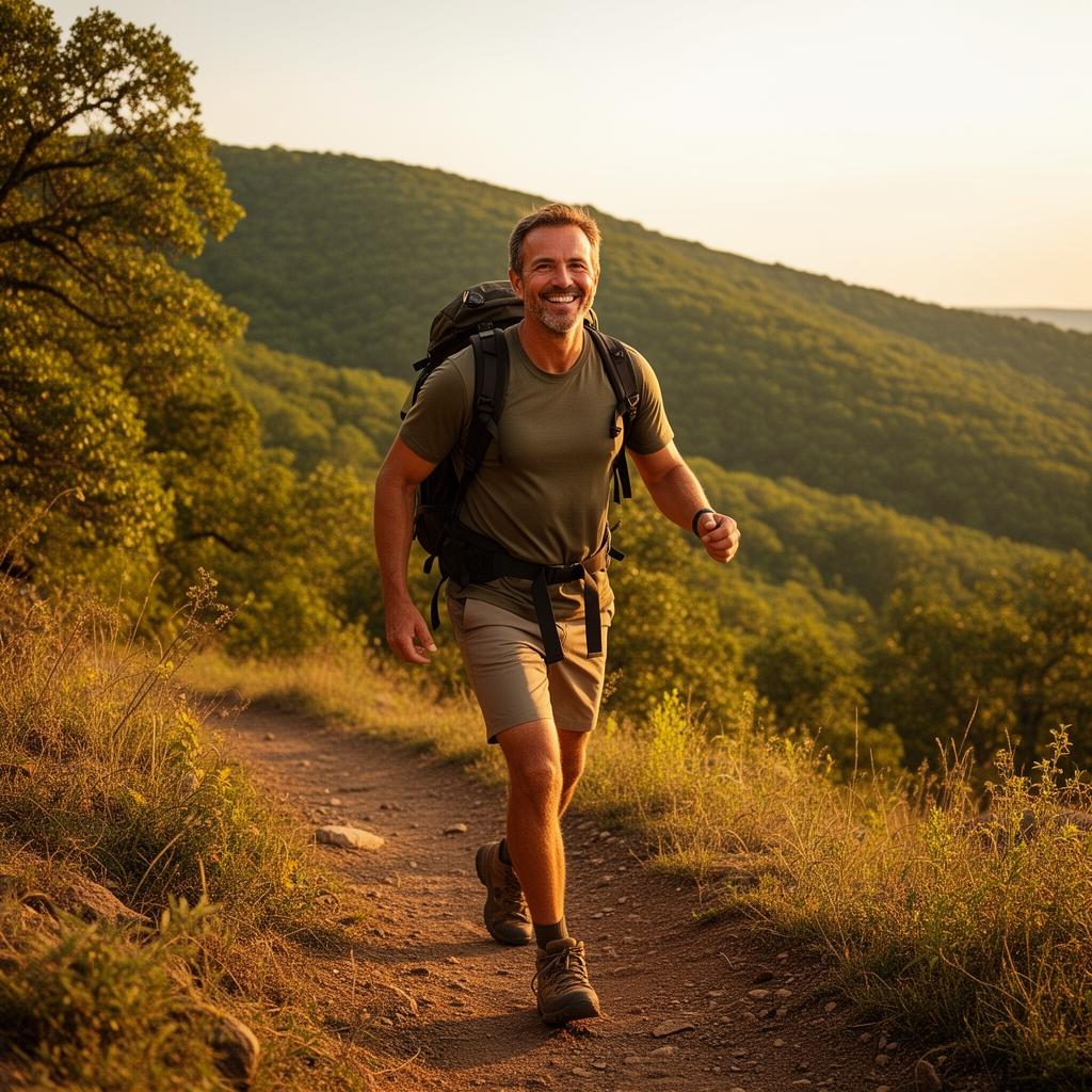 Active man hiking, feeling energized